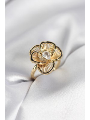 Bsre Çiçek Figürlü Vintage Kadın Yüzük (Gold Renk)