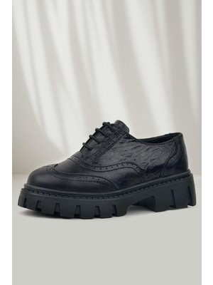 Rakerplus Siyah Kırışık Rugan Hakiki Deri Bağcıklı Oxford Günlük Ayakkabı