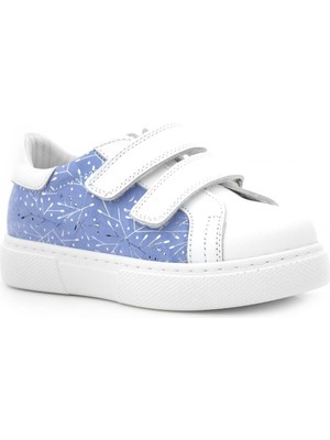 Hakiki Deri Beyaz Mavi Cırt Cırtlı Kız Çocuk Spor Ayakkabı