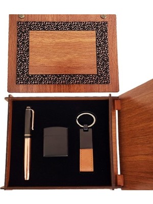 Najmaddin Dekoratif Ahşap Kutulu Bakır Roller Kalem Taba Renk Anahtarlık ve Çakmak Set