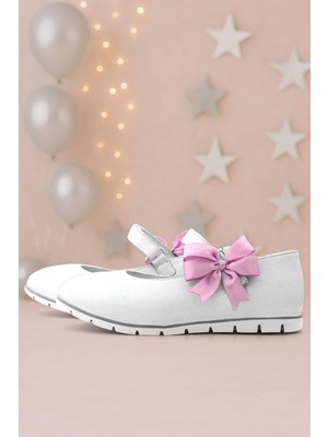 Xo Kids Rakerplus Hakiki Deri Beyaz Cırtlı Pembe Kurdeleli Kız Çocuk Babet