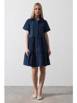 Moderie Butik Kısa Kol Düğmeli Elbise - Indigo