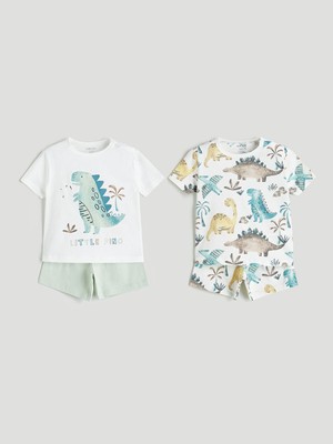 Lc Waikiki Yeni Sezon Bisiklet Yaka Dinazor Baskılı Erkek Bebek Şortlu Pijama Takım 2'li