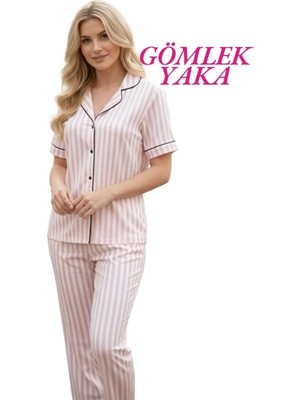 Guava Kadın Slim Fit Gömlek Yaka Önden Düğmeli Dar Kalıp Kısa Kollu Pijama Takımı