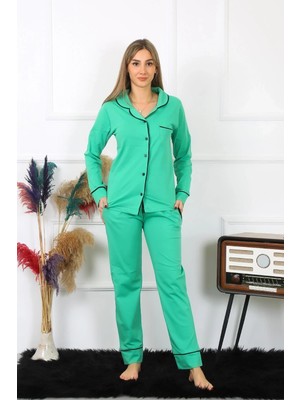 Kadın Pamuk Penye Önden Düğmeli Uzun Kol Yeşil Pijama Takım