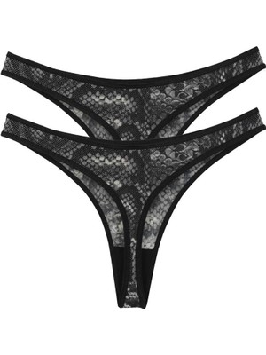 Kadın Siyah Yılan Desenli 2'li Tanga Slip