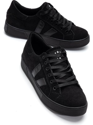 Dilimler Ayakkabı Kadın Günlük Spor Ayakkabı Siyah Süet Bağlı Ince Taban