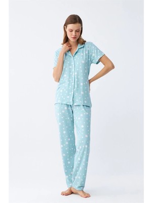 Kadın Buz Mavisi Yıldız Desenli Önden Düğmeli Pijama Takımı