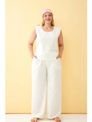 Kadın Ekru Keten Jakarlı Büyük Beden Alt Üst Takım