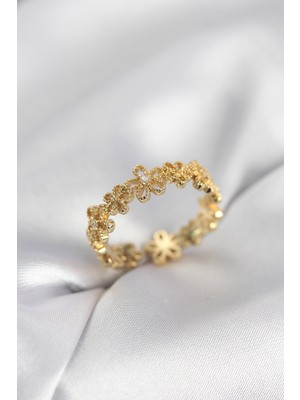 Clariss Gold Renk Sıralı Çiçek Model Zirkon Taşlı Kadın Yüzük