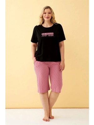 Kadın Siyah “no Rules Just Ride” Yazılı Büyük Beden Kapri Pijama Takımı