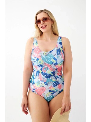 Kadın Renkli Tropikal Desenli Büyük Beden Tek Parça Mayo