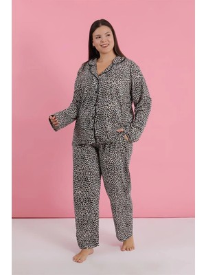 Kadın Büyük Beden Leopar Desenli Düğmeli Pijama Takımı