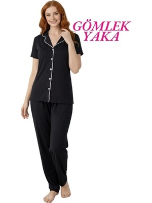 Guava Kadın Slim Fit Gömlek Yaka Önden Düğmeli Dar Kalıp Kısa Kollu Pijama Takımı