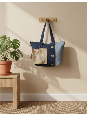 Old Cotton Denim Bohem Kumaş Çanta - desen çiçek dalları