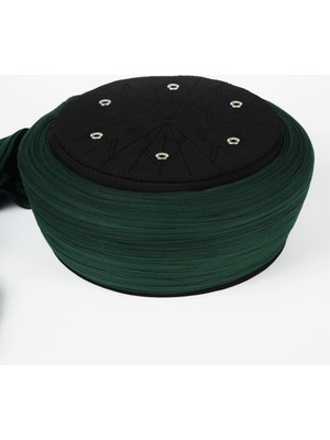 Sarıkhane Talebe Sarığı - Yeşil Kumaş - Siyah Takke - Düz Sarım - Kuş Gözü - 7 Metre (Züabeli)