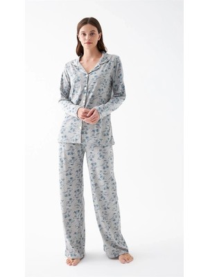 Kadın Gri Desenli Düğmeli Pamuklu Pijama Takımı