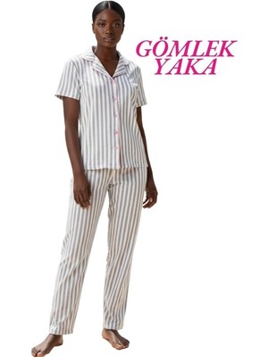Guava Kadın Gri-Beyaz Çizgili Slim Fit Gömlek Yaka Önden Düğmeli Dar Kalıp Kısa Kol Pijama Takımı