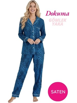 Guava Kadın Maskülen Önden Düğme Gömlek Yaka Dokuma Saten Göğüs Cepli Mevsimlik Uzun Kol Pijama Takımı