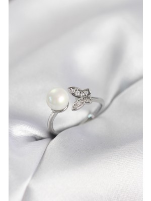 Clariss Kelebek Incili Model Gümüş Renk Zirkon Taşlı Kadın Yüzük