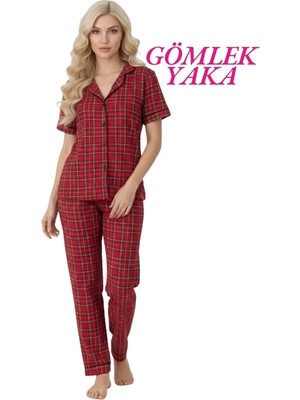 Guava Kadın Kırmızı Ekose Desenli Slim Fit Gömlek Yaka Önden Düğmeli Dar Kalıp Kısa Kol Pijama Takımı