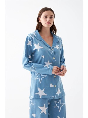 Kadın Mavi Yıldız Desenli Düğmeli Pamuklu Pijama Takımı