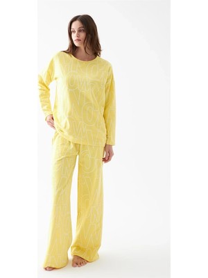 Kadın Oversize Sarı Desenli Pamuklu Kalın Pijama Takımı