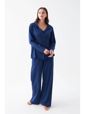 Kadın Lacivert Düğmeli Yaka Detaylı Pamuklu Pijama Takımı