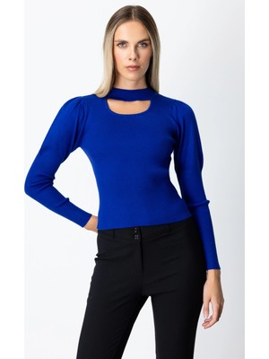 On Fashion Kadın Yakası Pencereli Balon Kol Saks Mavisi Kazak 65303