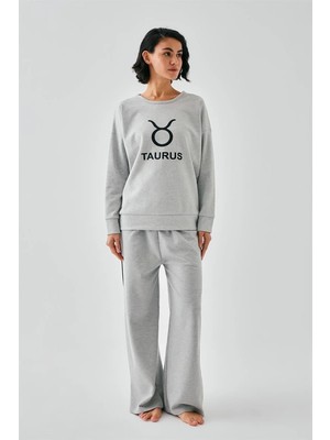 Kadın Gri Boğa Burcu Oversize 2 Iplik Eşofman Ev Giyim Takımı