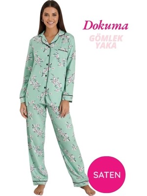 Guava Kadın Maskülen Önden Düğme Gömlek Yaka Dokuma Saten Göğüs Cepli Mevsimlik Uzun Kol Pijama Takımı