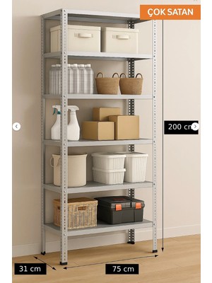 Alanraf 6 Katlı Galvaniz Çelik Raf - Depo, Arşiv, Kiler, Dosya, Market Rafı 31X75 CM-200 Cm-0.70 mm