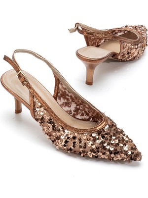 Dilimler Ayakkabı Kadın Kısa Topuklu Abiye Ayakkabı Bakır Pullu File Topuk Açık