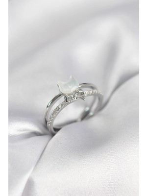 Shopwave Gümüş Renk Sedefli Kedi Model Fiyonklu Zirkon Taşlı Kadın Yüzük