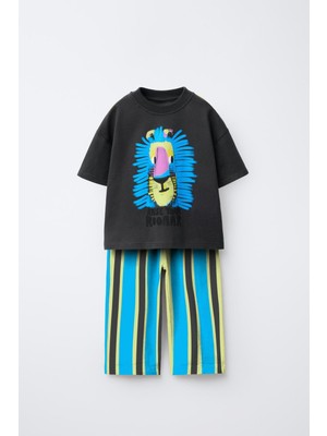 Magu Erkek Çocuk Pamuklu Antrasit Aslan Baskılı T-Shirt ve Çizgili Eşofman Takım