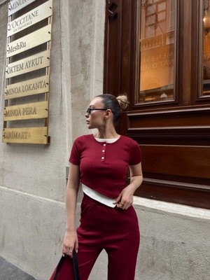 Kaia Life Düğme Yakalı Bordo Alt Üst Takım S3943