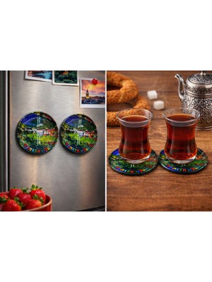Seymen Bıçakçılık 2’li Trabzon Sümela Temalı Çay Bardağı Altlığı & Magnet Seti | Yöresel Hediyelik