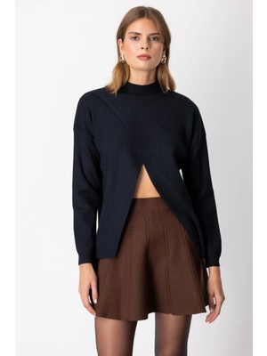 On Fashion Kadın Dik Yaka Çapraz Siyah Kazak 65343