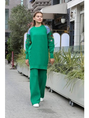 Kaia Life Omuz Detaylı Kol Nakışlı Ikili Alt Üst Triko Takım Yeşil