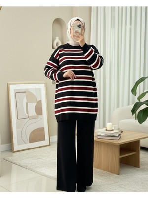 Modamorfo Yuvarlak Yaka Renkli Çizgili Salaş Triko Takım -Siyah