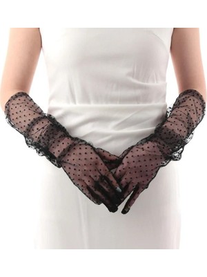 Kaia Life Uzun Boy Siyah Puantiyeli Siyah Renk Yetişkin Tül Eldiven 55 cm