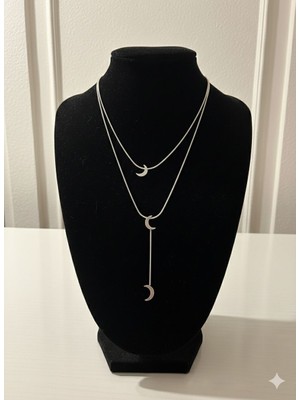 Stainless Steel Çelik Gold Renk Ay Figürlü Çift Sıra Zincirli Y Kolye