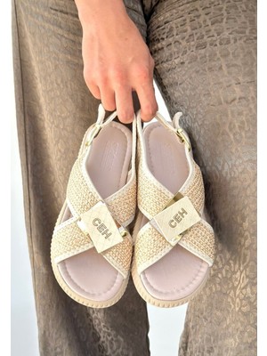 Tp Cate Bej Hasır Cilt Sandalet - Lisinya