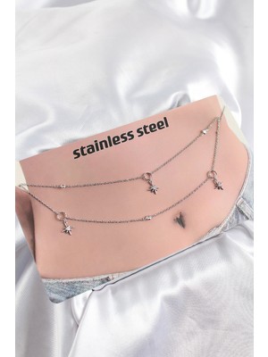 Tp 316L Çelik Zirkon Taşlı Kutup Yıldızı Model Gümüş Renk Göbek Bel Zinciri - Lisinya