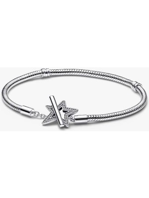 Pandora Moments Asimetrik Yıldız T-Şekilli Yılan Zincir Bileklik 925  Ayar Gümüş