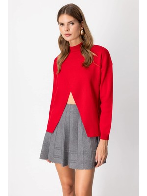 On Fashion Kadın Dik Yaka Çapraz Kırmızı Kazak 65343