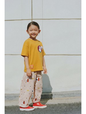 Magu Kız Çocuk Pamuklu Hardal Tavşan Baskılı T-Shirt ve Ekose Eşofman Takım