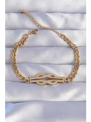 Tp 316L Çelik Gold Renk Zirkon Taşlı Kemer Tokası Model Zincir Bileklik - Lisinya