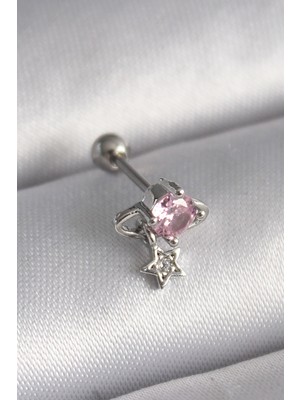 Tp 316L Çelik Gümüş Renk Pembe Zirkon Taşlı Sallantı Yıldız Detay Tragus Piercing - Lisinya