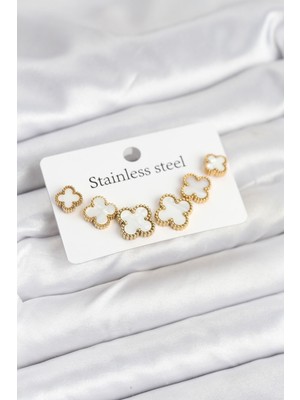 Tp 316L Çelik Gold Beyaz Renk 3 Boy Yonca Küpe Seti - Lisinya